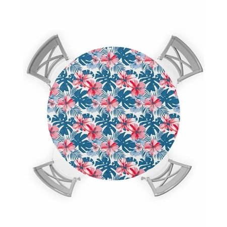 

Round Tablecloth with Elastic Pink Flowers Navy Blue Leaves Watercolor Tropical Plants Waterproof Stain-proof Table Cover Wipeable Fitted Table Cloths for 55 -60 Round Tables Dining Kitchen