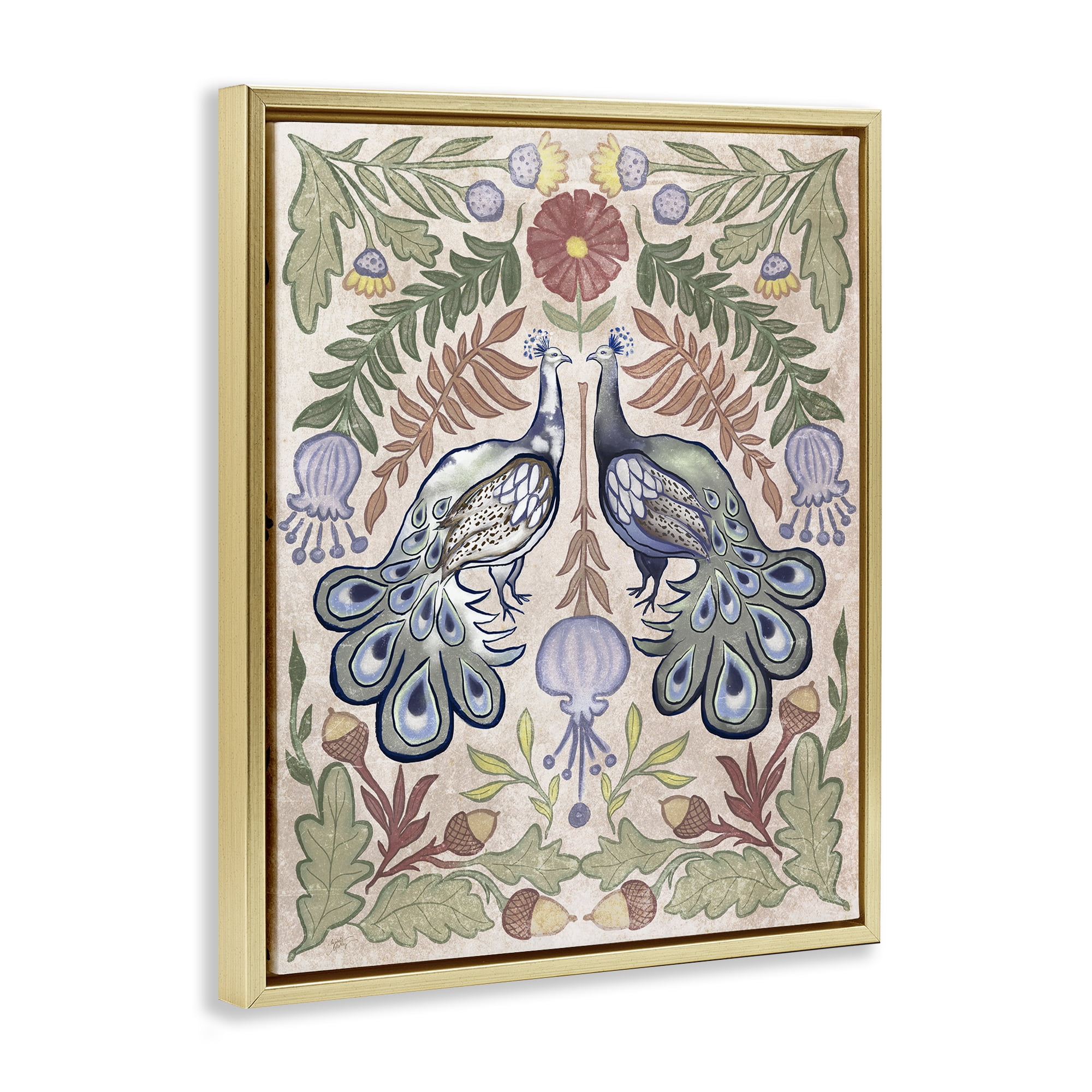 Stupell Industries Symmetrical Peacock & Flower Pattern Gold Framed Floater Canvas Wall Art, design by Elizabeth Medley