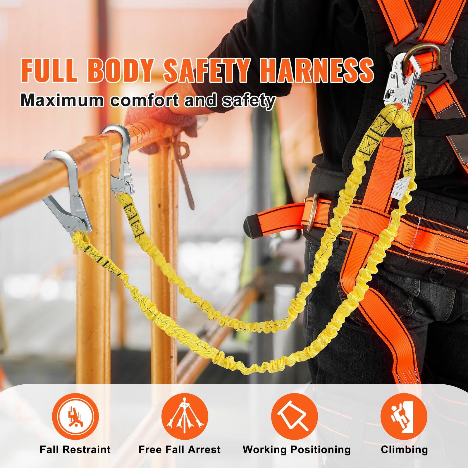 KFFKFF 38mm Protective Lanyard, 6ft Safety Cord with Dual Alloy Snap Hooks, Flexible Security Strap for Tree Climbing, Indoor/Outdoor Use, 38KN Tensile Strength, Yellow