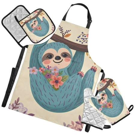 Ryvnso Funny Sloth Kitchen Apron Oven Mitts Set Pot Holders
