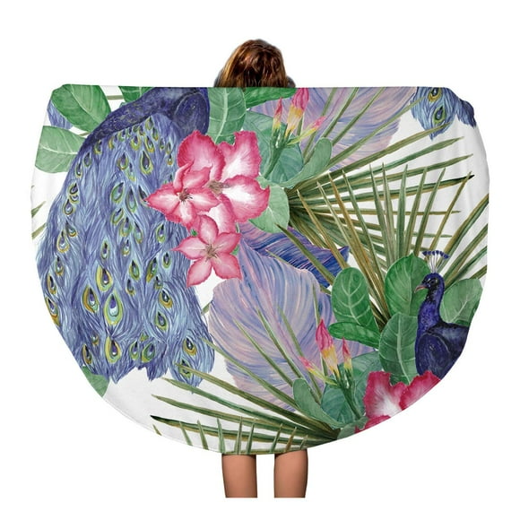 POGLIP 60 inch Round Beach Towel Blanket Watercolor Tropical Pattern Exotic Flowers Pink Medinilla Magnifica Adenium Travel Circle Circular Towels Mat Tapestry Beach Throw