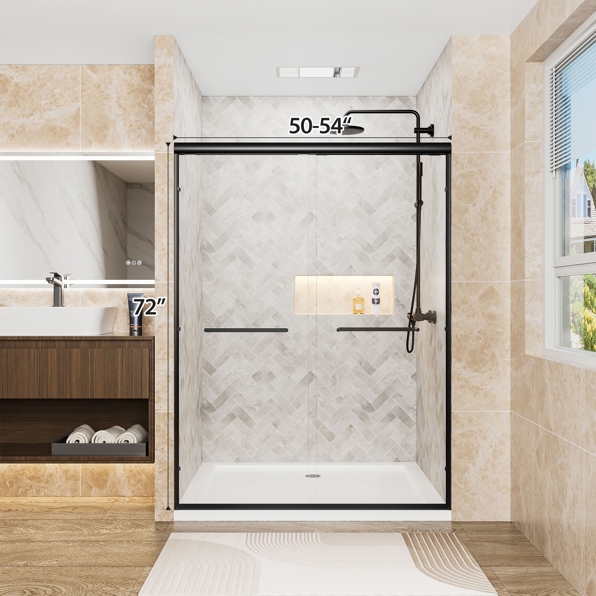 MAYEERTY Double Sliding Shower Door, Matte Black Aluminum Frame, 1/4" Tempered Safety Glass with Explosion-Proof Film, Waterproof & Reversible Installation
