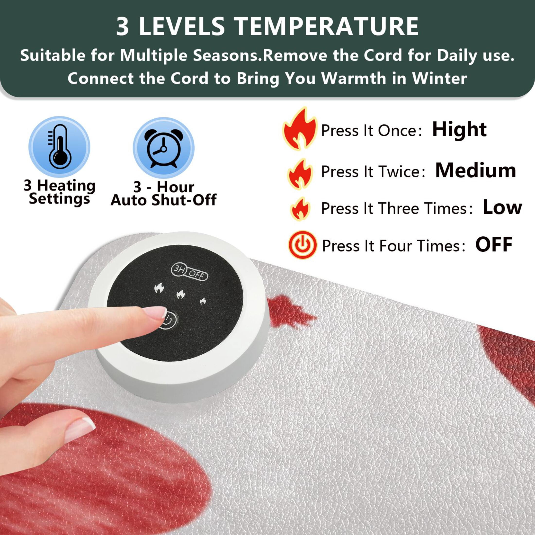 Large Heated Desk Mat Mouse Pad 31.5"x13"PU Leather Graphene Heating Desk Warmer with 3 Temperature Settings 110V US Plug Non-Slip Warm Pad for Home, Office, and Gaming Simple Red Heart Pattern