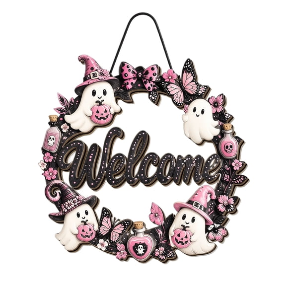 Halloween Door Hanger with Layered Wooden Design and Pink Ghost Accents, Versatile Front Door Halloween Decor for Entryway Ambiance, Spooky Halloween Decorations Party Favor
