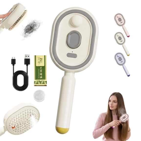 Electric Spray Air Cushion Massage Comb, 3-in-1 Mist Hair Brush with Air Cushion Design, Self-Cleaning Detangling Hair Comb for Anti-Static Hair Smoothing and Daily Scalp Care(Beige)