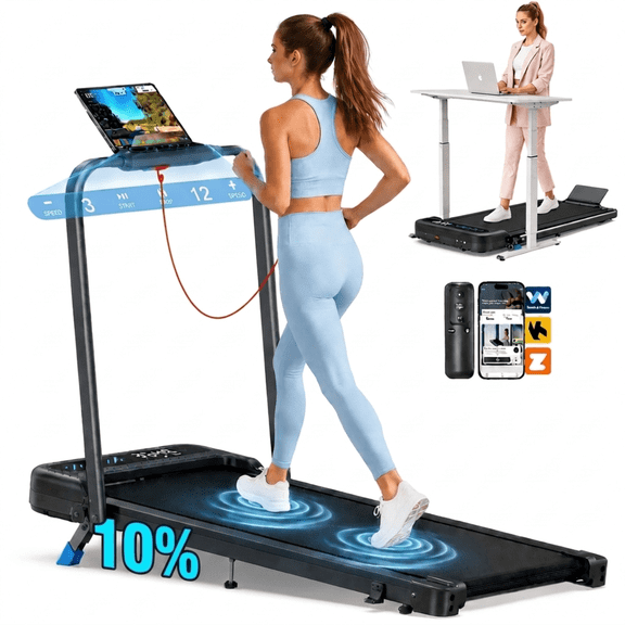 YZRUN Treadmill with Handle Bar, Under Desk Walking Pad with 10% Incline, Foldable Treadmills for Home, 350 LBS Capacity