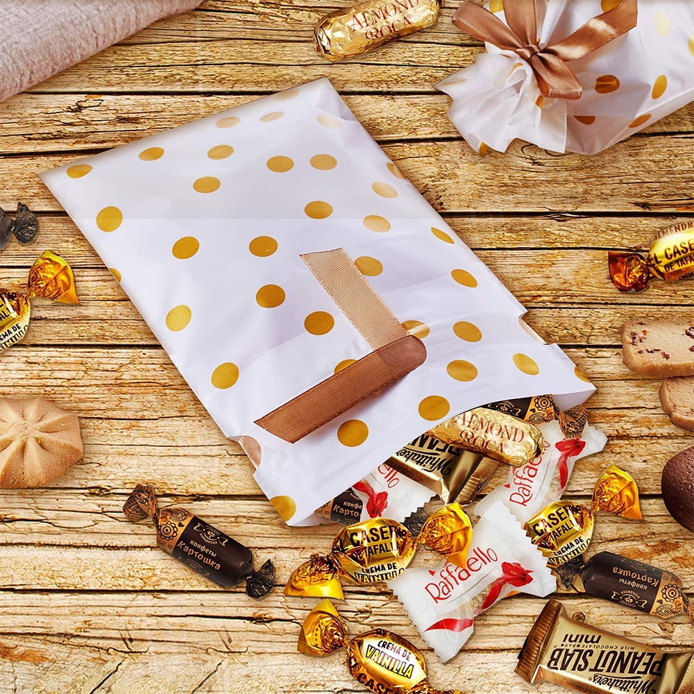 Lngoor 50 Pcs Candy Cookies Drawstring Gift Bags Gold Dot Plastic Treat Bags With Bow Tie For Christmas Birthday Wedding Party Favor Gifts Bag