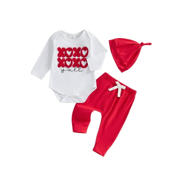 SUNSIOM Baby Boys Valentine’s Day Outfits Long Sleeve Letter Embroidery Romper + Pants + Hat Set Infant Clothes