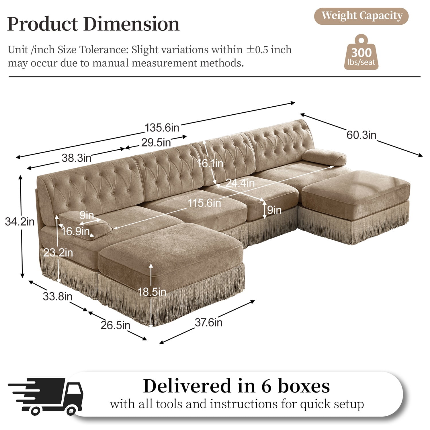 Hommoo 4-Seater Chesterfield Style Velvet Fabric U-Shaped Sectional Sofa with 2 Ottomans, Tufted Button Upholstered Design and Floor-grazing Tassel, Free Combination Sofa Couch Set, for Home, Camel
