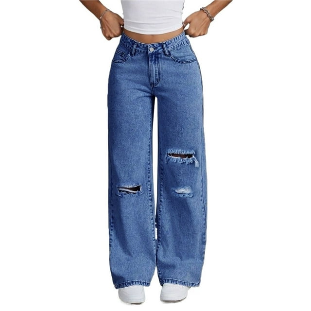 Pantalones vaqueros rasgados de talle alto y pierna ancha Y2K holgados for novio, pantalones versátiles de mezclilla desgastados