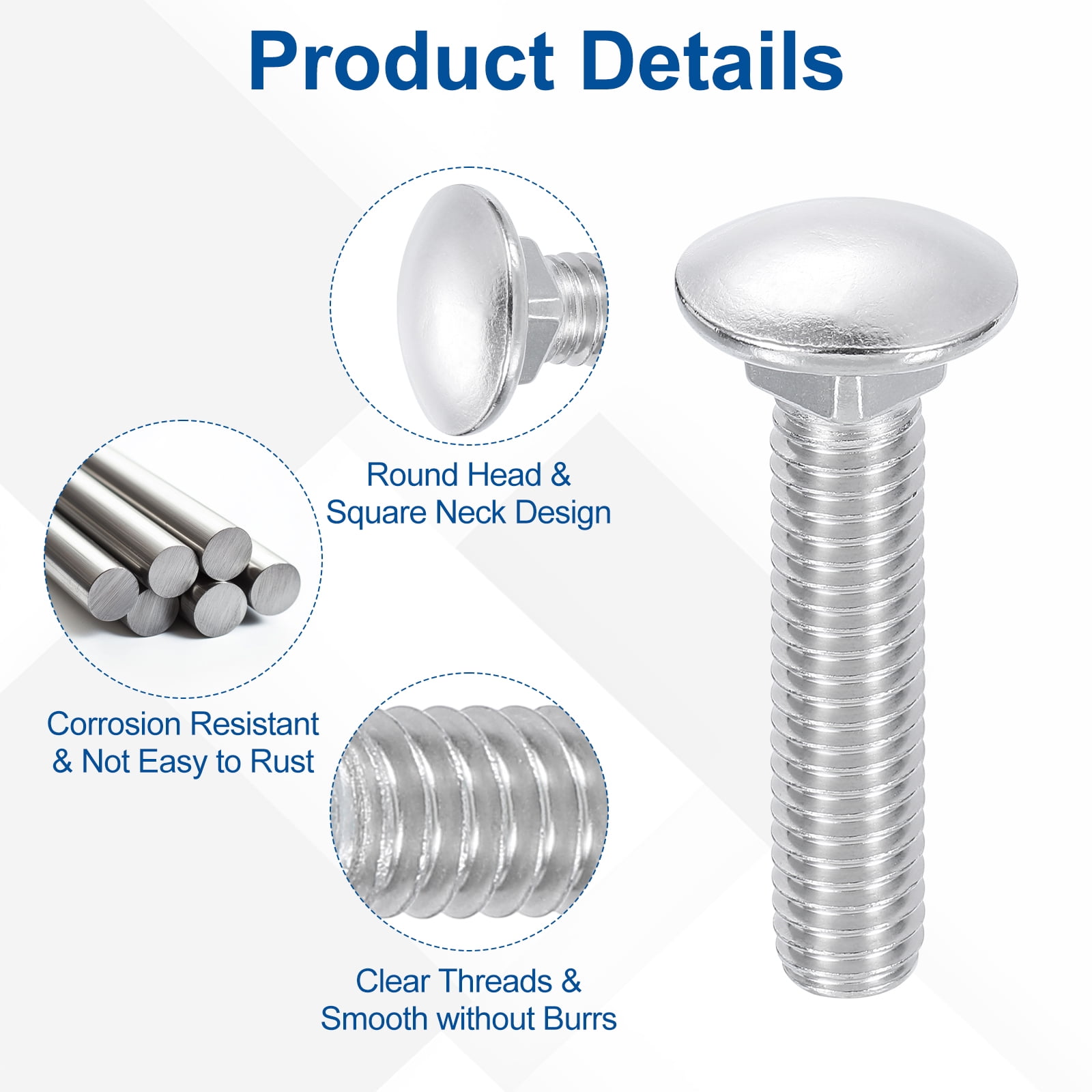 Uxcell 25Pack 3/8"-16x3" Stainless Steel Carriage Bolts Round Head Square Neck, Silver