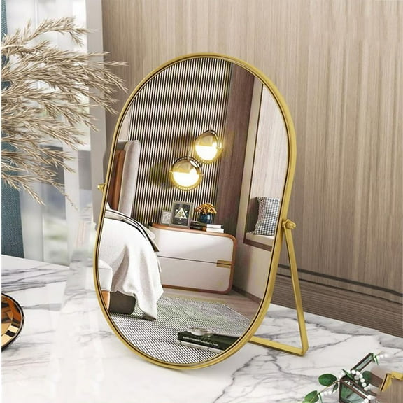 Vanity Desk Table Mirror Oval Makeup Mirror 90°Adjustable Rotation Golden Metal Framed Standing Mirrors