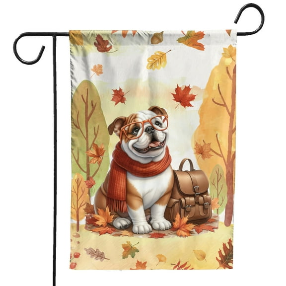 Welcome Fall Bulldog Enjoys School Time Autumn Fall Leaves Garden Flag 12x18in Double Sided Dog Lover Gifts Idea Outdoor Decor - 02013