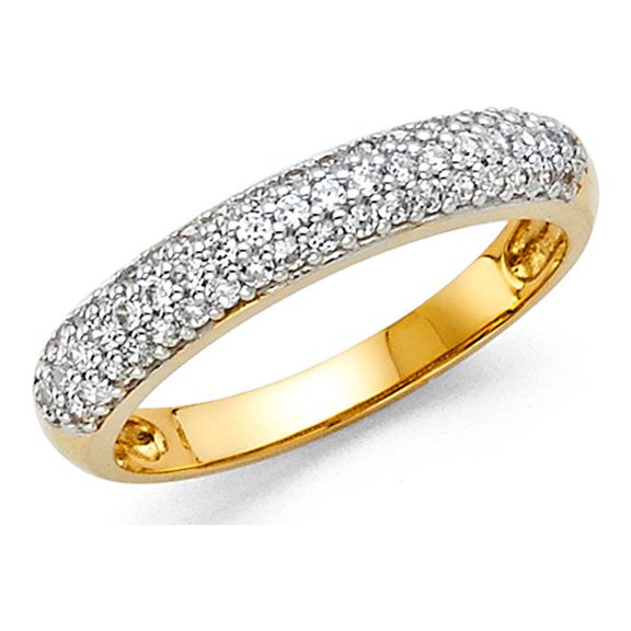14k Yellow Gold Round CZ Wedding Band Bridal CZ Dome Band Anniversary CZ Ring Pave Set Solid Size 7