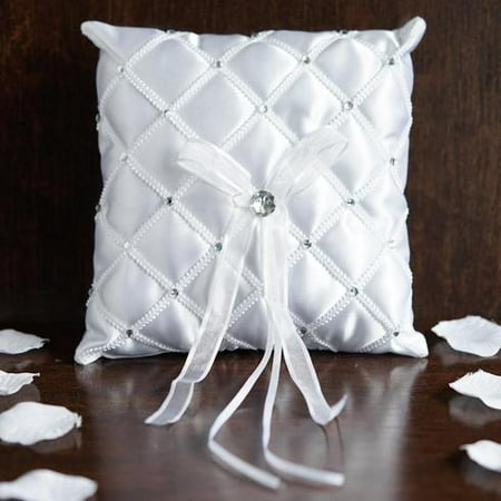 Wedding Ring Pillow Money Bag BalsaCircle White Satin Ring Pillow with Criss Cross Ribbons and Rhinestones - Wedding Accessories Decorations Discounted Supplies ()