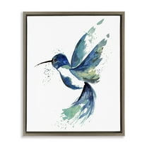 Stupell Industries Modern Blue Hummingbird Flying Animals & Insects Painting Brown Floater Framed Canvas Art Print Wall Art, 17 x 21