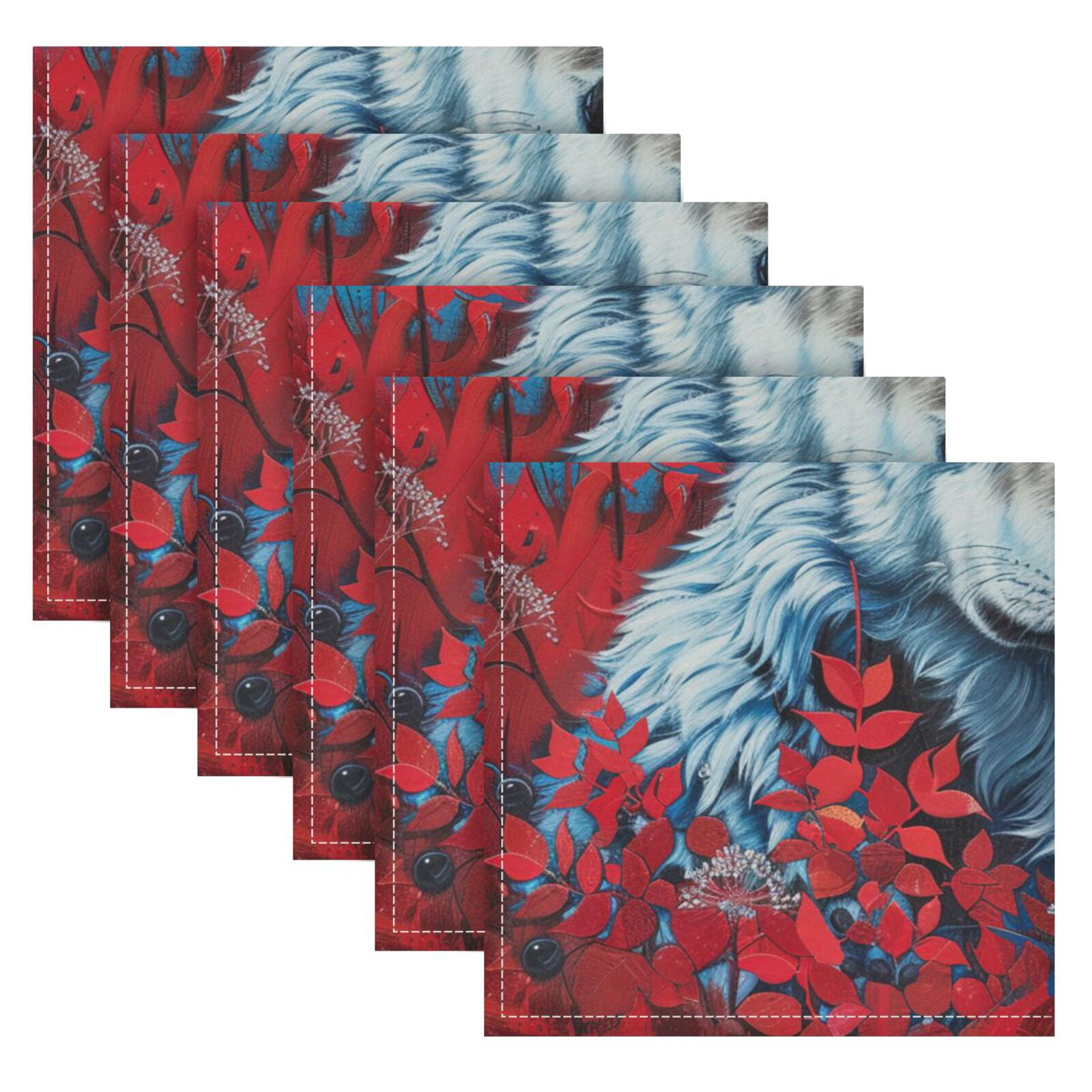 JSTEL Wolf Flower Red Leaf Cloth Napkins Set of 6, 20x20 Inch Washable and Reusable Napkin for Decoupage Dinner Party Everyday Use