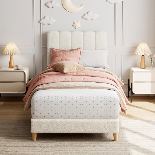 Beige tamaño individual xl bouclé forrado cama de plataforma con wave cabecero, low profile de madera slats, no necesita colchón base, fácil montaje para para niños (boys o girls)