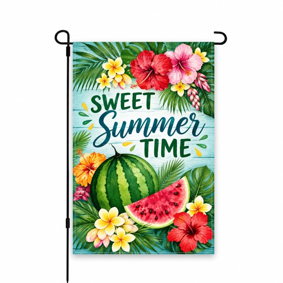 Sweet Summer Time Garden Flag 12x18 Inch – Tropical Flowers & Watermelon Design – Perfect for Yard, Lawn, Patio, Porch Decor – Celebrate Summer Outdoor Decoration