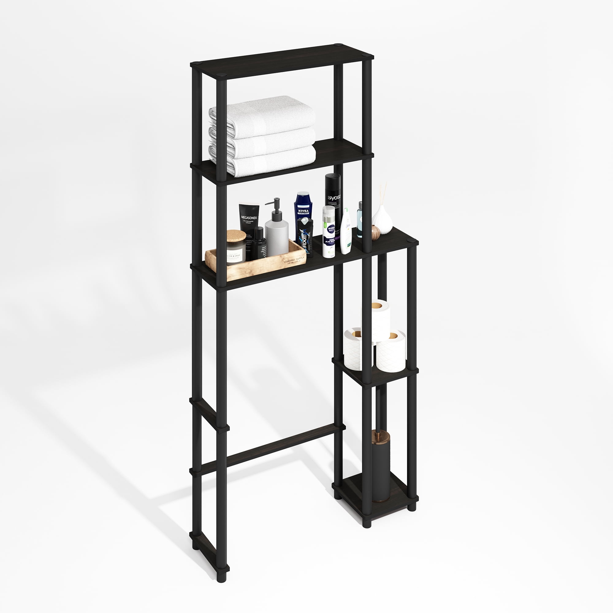 Furinno Turn-N-Tube Freestanding Over-The-Toilet Bathroom Shelves, Storage Rack with 5 Shelves, Black Espresso/Black