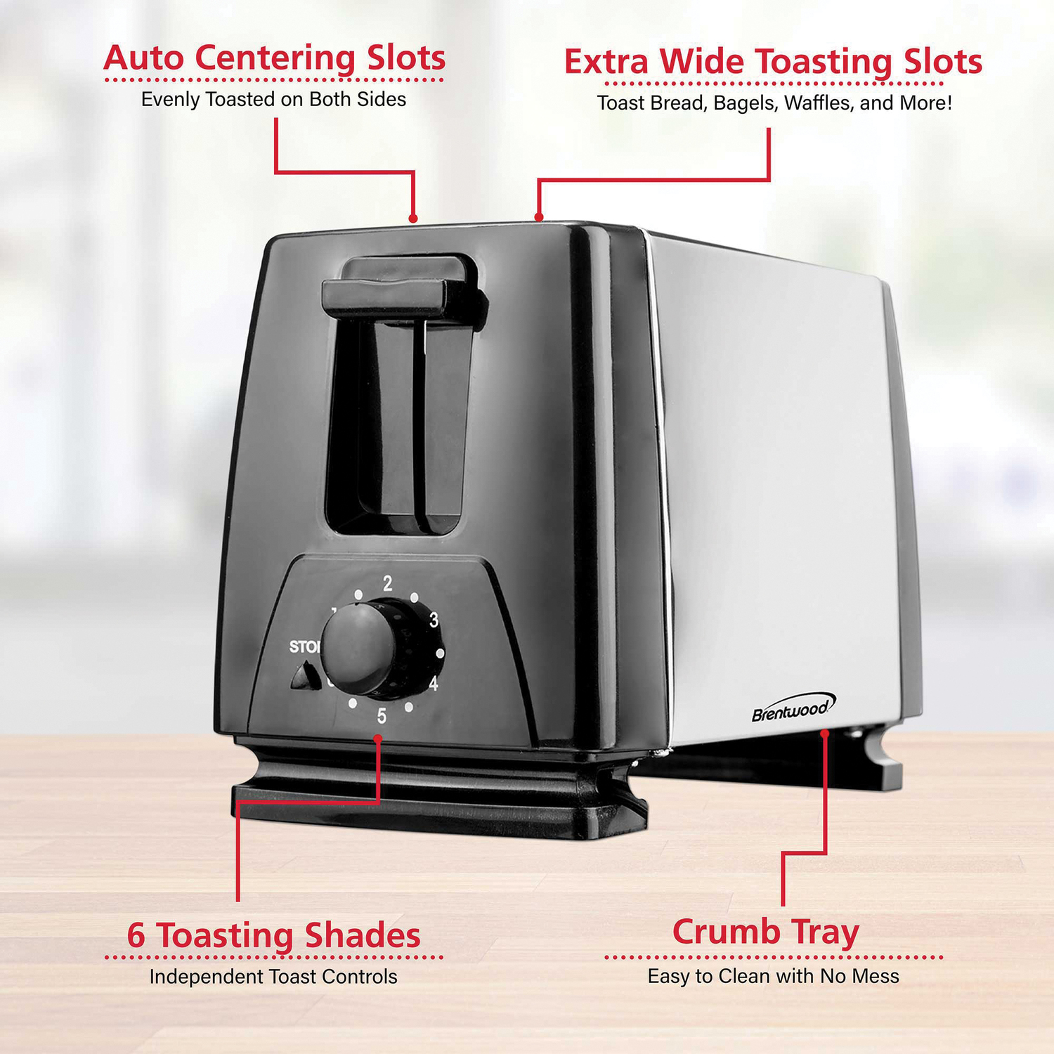 Brentwood 2-Slice Toaster, Black/Silver, Extra-Wide Slots
