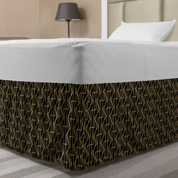 Trellis Bed Skirt, Irregularly Directed Streaks Zigzags Ornamental Graphic Intersections, Elastic Bedskirt Dust Ruffle Wrap Around for Bedding Decor, 4 Sizes, Dark Khaki Charcoal Grey, by Ambesonne