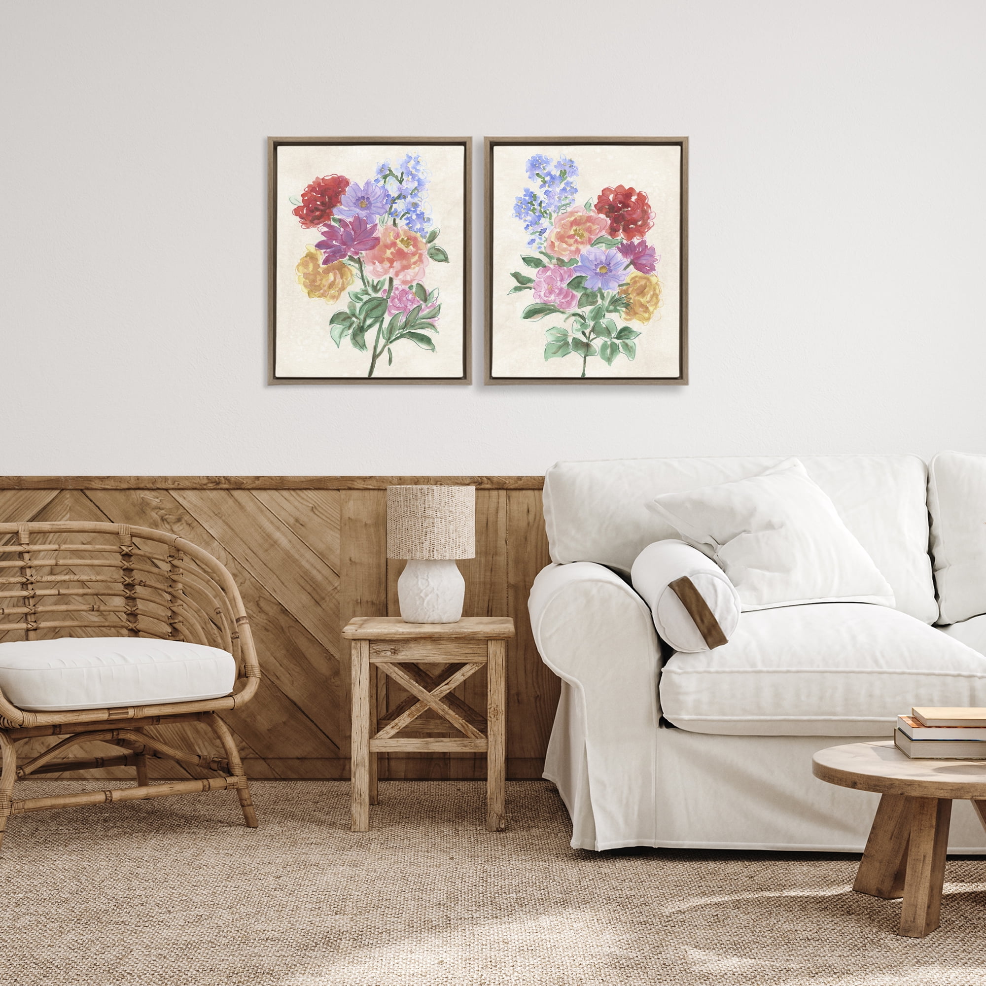 Stupell Industries Spring Blooms on Parchment 2 Piece Brown Framed Floater Canvas Set, design by June Erica Vess