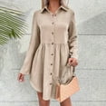thumbnail image 5 of Homenesgenics Fall Dresses for Women Plus Size Women Solid Color Button Turndown Long Sleeve Dresses Shift Dress Brown XL, 5 of 9