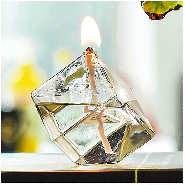 Glass Oil Lamp Tabletop Oil Candle Smokeless Light For Table Setting Restaurant Style Oil Not Included (cube)