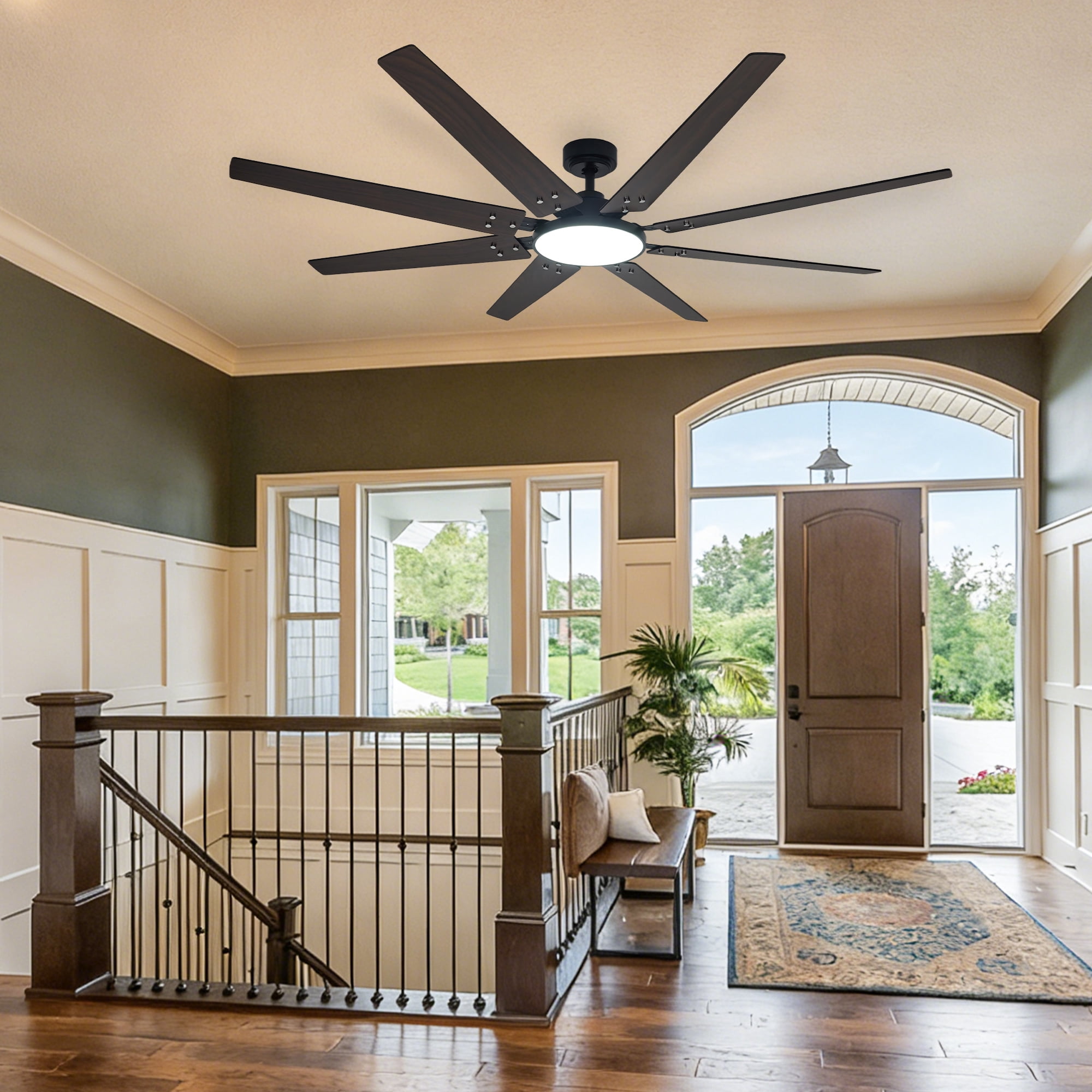 70" Large Industrial Ceiling Fan with Lights and Remote Control, 8-Blade Modern DC Motor Ceiling Fan, Reversible Blades (Black & Walnut), 6 Speeds, Timer, Quiet for Living Room, Shop, Garage