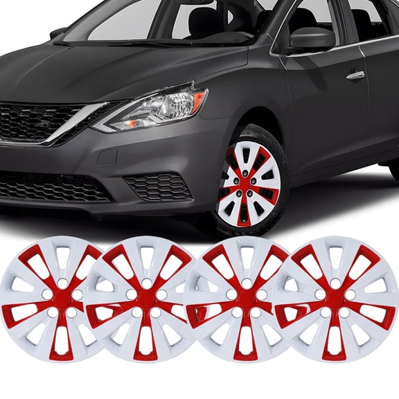 4Pcs 16 inch Hubcaps Compatible with Nissan Sentra 2013-2019,Wheel Rim Covers Compatible with Nissan Leaf 2011-2017,PP Material Snap on Installation,White Lacquer & Red Lacquer