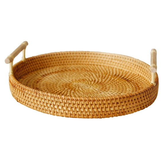Rattan Round Serving Tray with Handles, Woven Bread Cake Pastries Baskets Wicker Serving Basket for Breakfast Drinks Snack Coffee Table Home Decor[L]