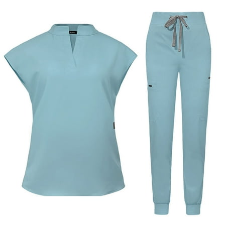 Xfvqtps Scrubs Set for Women Mock Neck Stretch Scrub Top and Drawstring Jogger Pants with Multi Pockets Anti Wrinkle Nursing Work Uniform Set Stand Collar Comfortable Uniform Light Blue