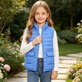 thumbnail image 5 of Spazoro Girls Lightweight Puffer Vest with Patch Pockets, Full Zip Stand Collar Sleeveless Solid Color Warm Quilted Outerwear Gilet Blue Size 5-6, 5 of 9