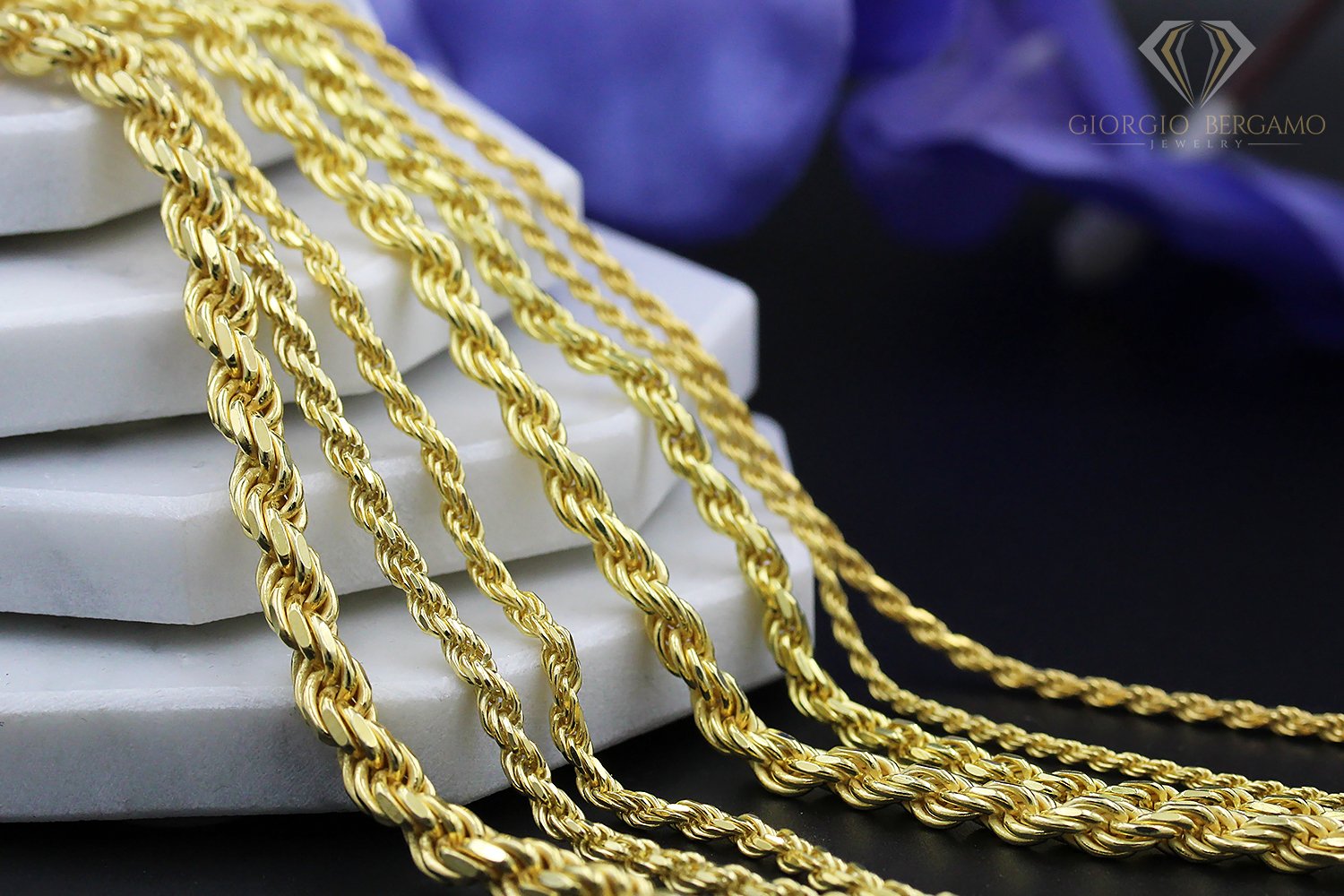 925 Italian Sterling Silver 2mm Solid Rope Diamond Cut Chain, FREE Microfiber Cloth, Yellow Gold Plated Link Mens Womens Necklace, Giorgio Bergamo