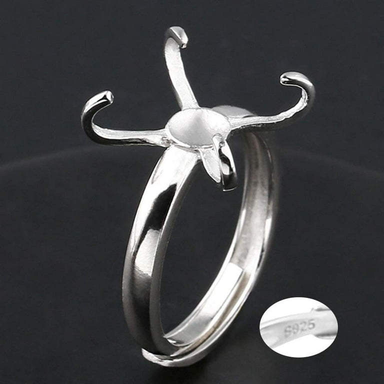  Adjustable Finger Ring Blank Bases 925 Sterling Silver Fish Ring  Settings Without Stones for 7-9mm Half Drilled Round Beads Pearl Jewelry  Ring Making(Platina Color)