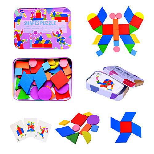 JIAHCN Wooden Pattern Blocks Animals Jigsaw Puzzles Geometric Montessori Shape Puzzle Educational Toy for Toddlers 36 Pcs 60 Patern Cards