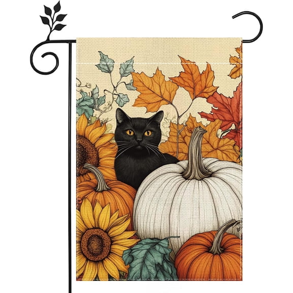Fall Black Cat Pumpkin Garden Flag Double Sided 12x18 Outdoor Decor | Double sided printing, Weather resistant fabric, Fade-resistant print, Seasonal decoration, Easy to install