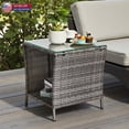thumbnail image 2 of Hassch 2-Tier Wicker Side Table with Tempered Glass Top & Iron Frame, 18.11-Inch Square Rattan Patio Table w/ Open Storage Shelf, Easy to Assemble, Gray, 2 of 10