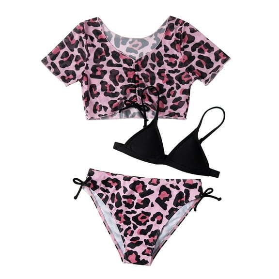 Hienoo Little Girls Leopard Bikini Set with Short Sleeve Rash Guard Swimsuit Bathing Suit