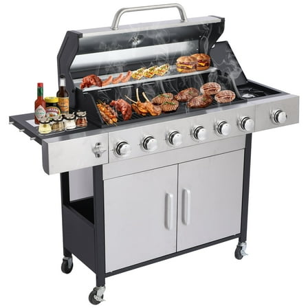 CIG GARDEN 6-Burner Propane Gas Grill with Side Burner,73000 BTU Output Double-Layer Stainless Steel BBQ Grill Lid with Cast Iron Grates