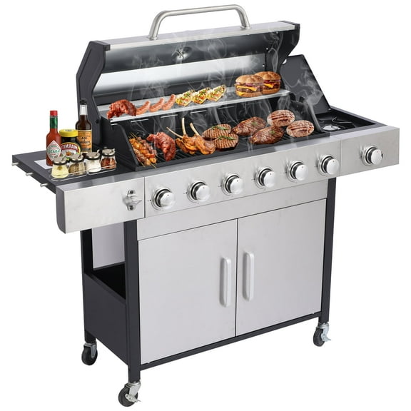 CIG GARDEN 6-Burner Propane Gas Grill with Side Burner,73000 BTU Output Double-Layer Stainless Steel BBQ Grill Lid with Cast Iron Grates