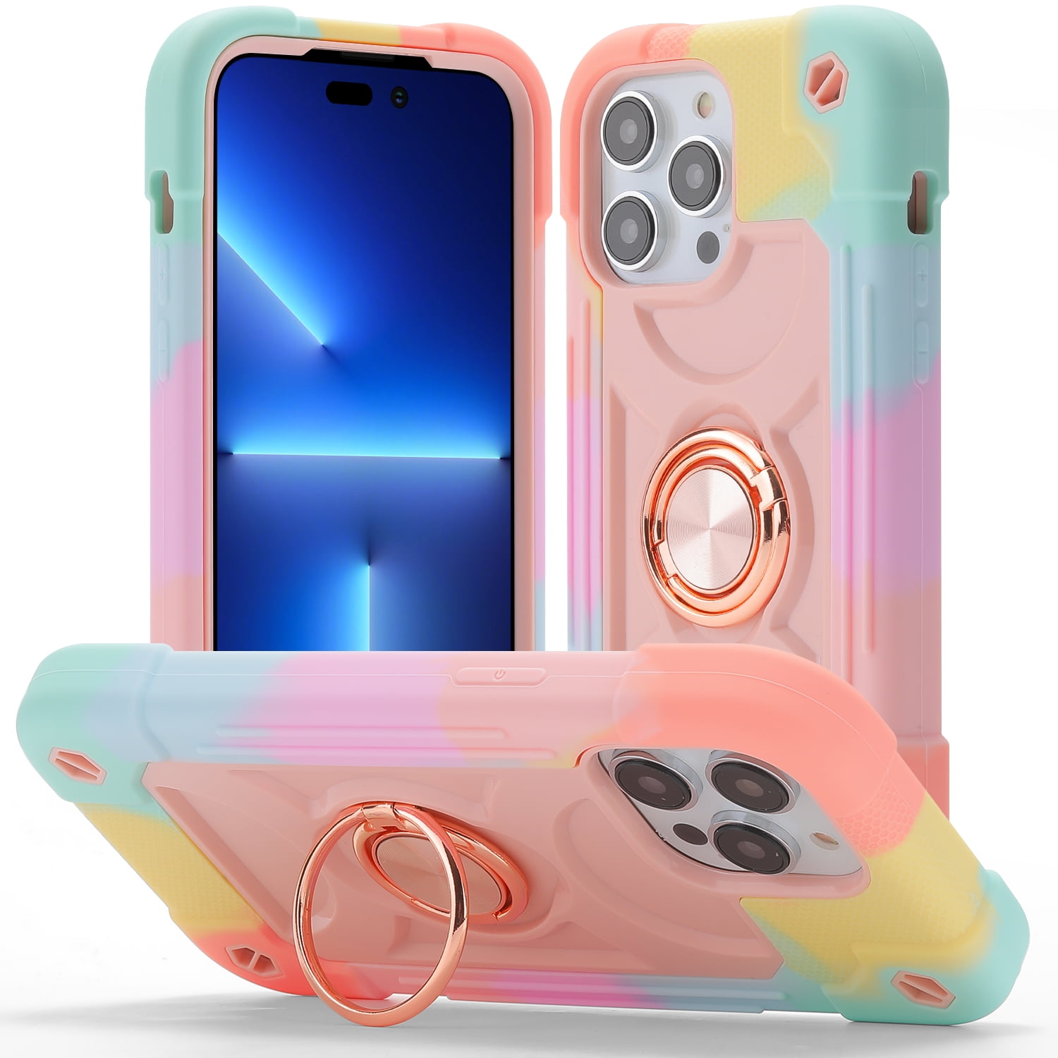 for iPhone 12 Pro Max Case with Ring Stand, Heavy Duty Military Grade Rugged Shockproof Silicone Rubber Magnetic Kickstand Holder Case for Women Girls For iPhone 12 Pro Max, Rainbow Pink