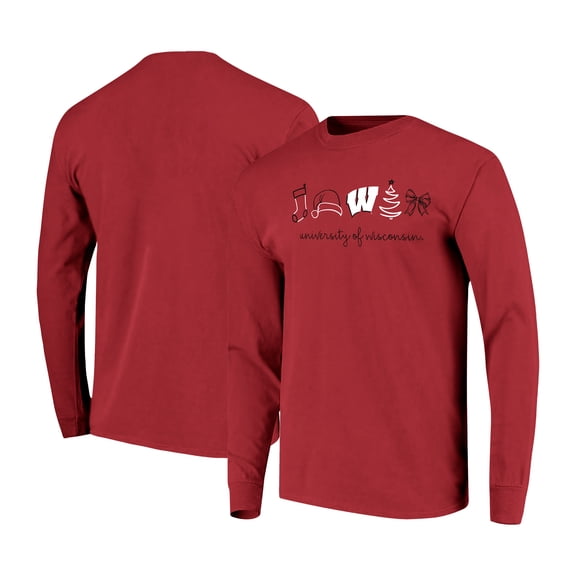 Women's  Red Wisconsin Badgers Christmas Elements Comfort Colors Long Sleeve T-Shirt