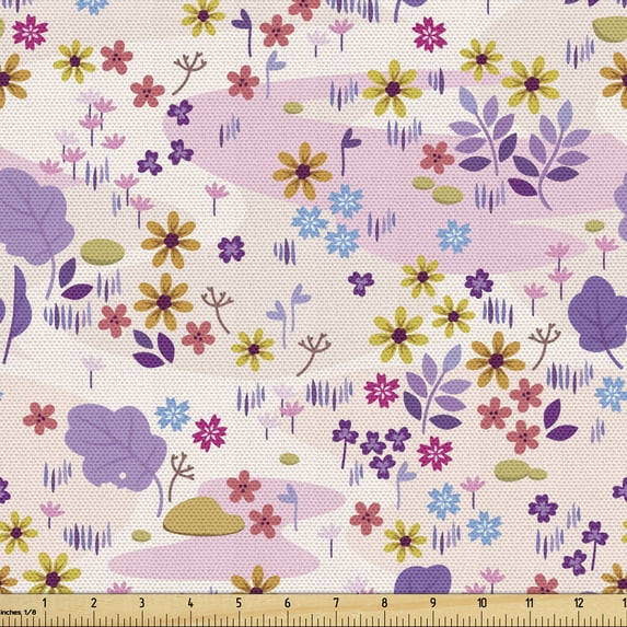 Garden Fabric by the Yard Upholstery, Meadow Pattern Along Various Colorful Blossoms and Leaves Different Flowers Images, Decorative Fabric for DIY and Home Accents, Multicolor by Ambesonne