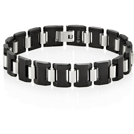 Crucible Black and Silver IP Dual-Finish Stainless Steel Cylinder Link Bracelet (13mm), 8.5
