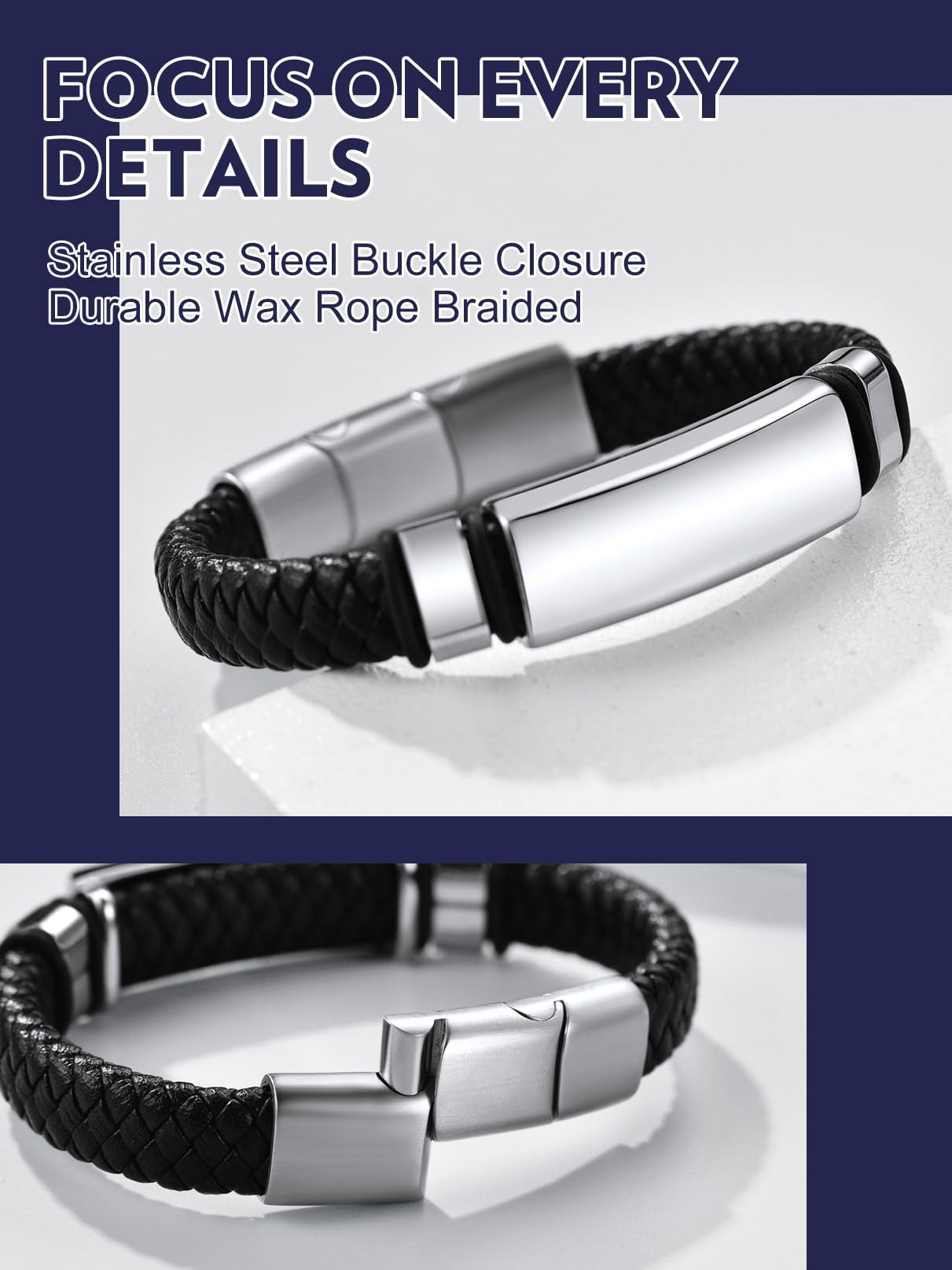Bandmax Men's ID Bar Cuff Bracelet Black Wax Rope Chunky Wristband Braided Bracelet with Adjustable Buckle Birthday Father Day Gift for Dad Son Husband Grandpa