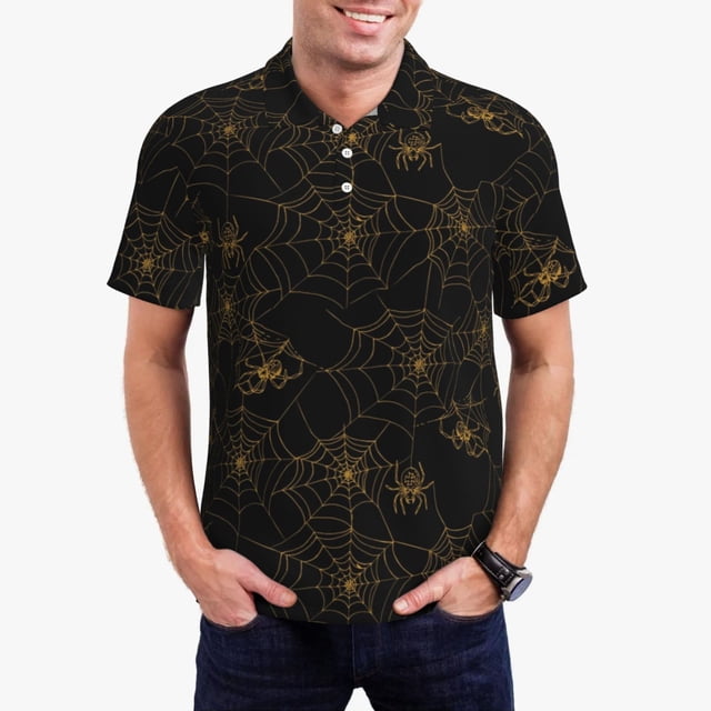 Bingfone Gold Spiders And Cobwebs for Men's Button-down POLO Shirts, Quick-drying Shirts and T-shirts for Summer, Suitable for Vacation and Business-Small