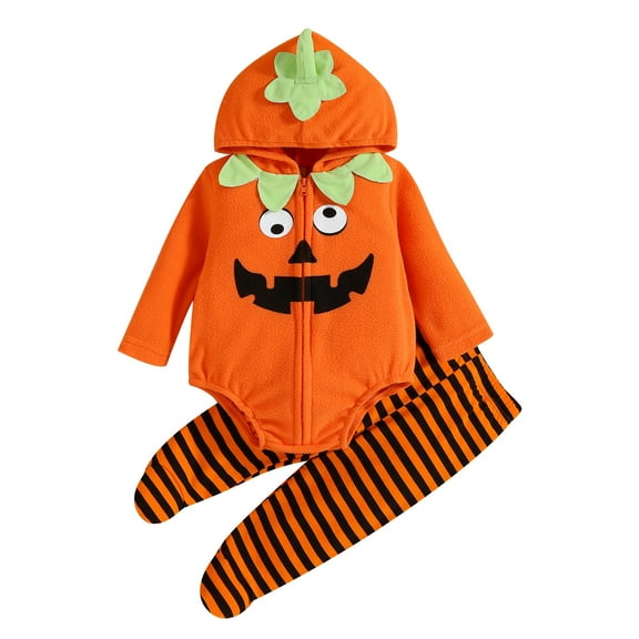 Coerni Boys Girls Halloween Outfits Toddler Long Sleeve Pumpkin Romper Soft Hooded Bodysuit Striped Socks Trouser Pants