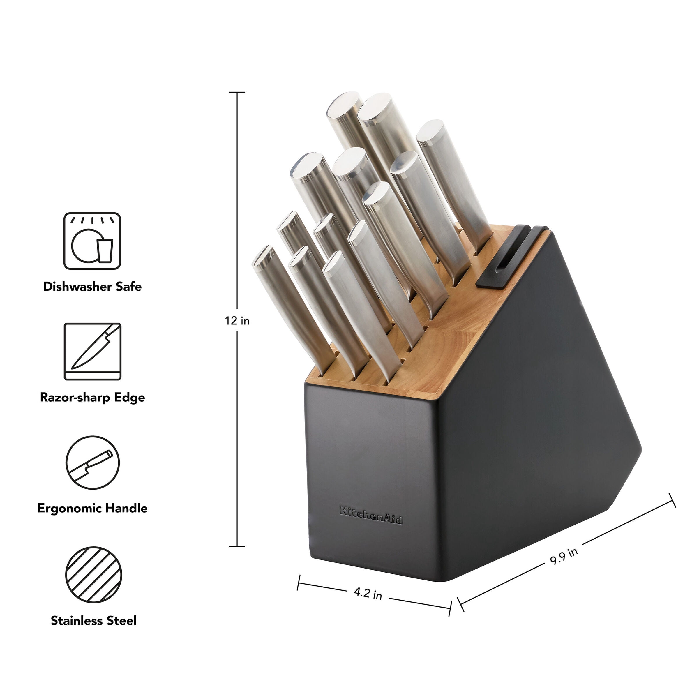KitchenAid Gourmet 14-Piece Two-Tone Black Knife Block Set, Stainless Steel Handles
